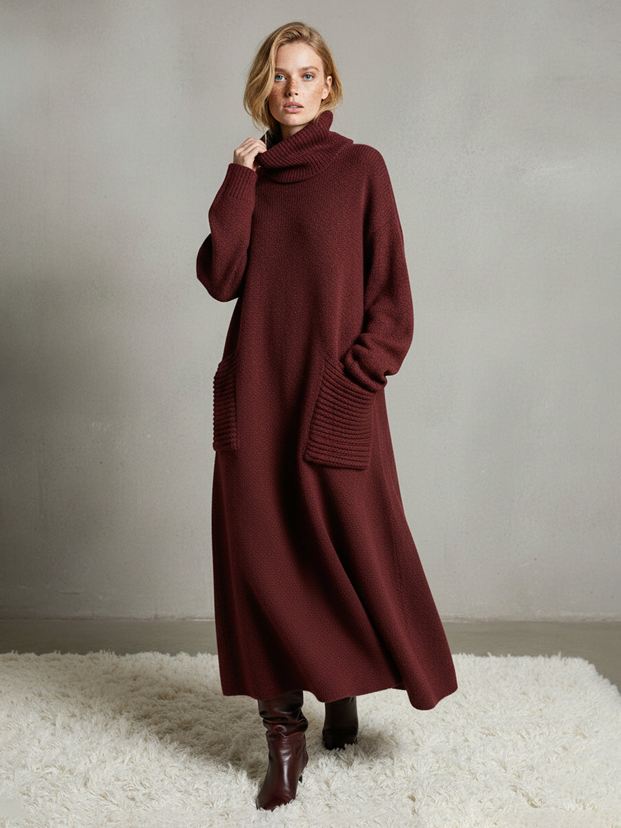 Women's Solid Color High-Neck Long-Sleeve Casual Loose Knit Dress