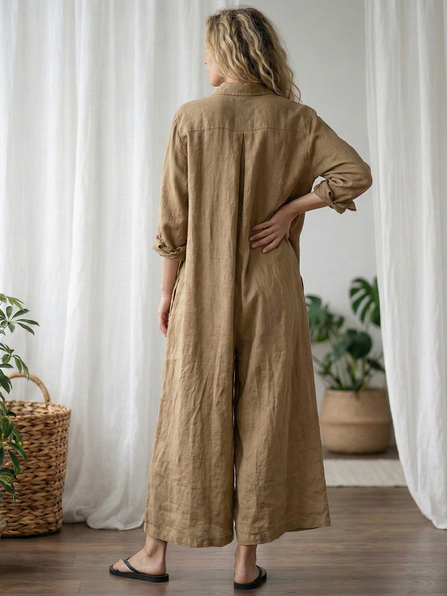 Women’s Relaxed-Fit Linen Button-Down Long-Sleeve Jumpsuit