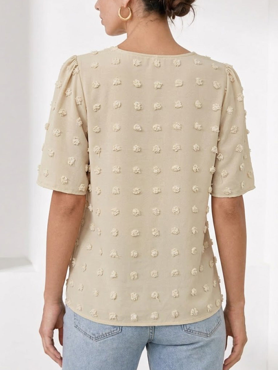 Stylish & Elegant V-neck Swiss Dot Blouse With Lace Trim — Short-sleeve Casual Top