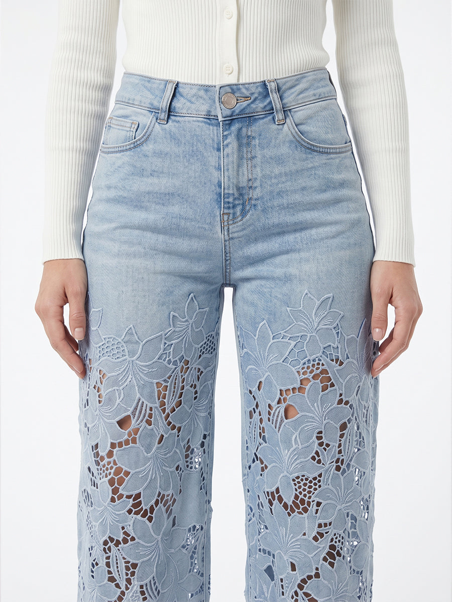 Women's High-Waisted Lace Patchwork Flowy Wide-Leg Denim Pants