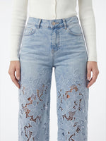Women's High-Waisted Lace Patchwork Flowy Wide-Leg Denim Pants