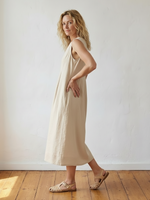 Linen Sleeveless Shoulder Button Midi Dress