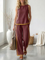Women's Round Neck Sleeveless Casual Loose Top And High-waisted Loose Wide-leg Pants Cotton And Linen Set