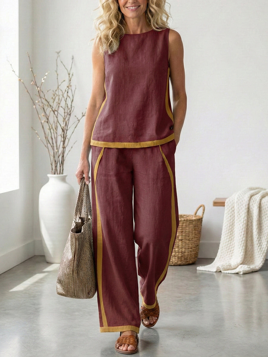 Women's Round Neck Sleeveless Casual Loose Top And High-waisted Loose Wide-leg Pants Cotton And Linen Set