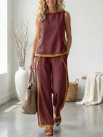 Women's Round Neck Sleeveless Casual Loose Top And High-waisted Loose Wide-leg Pants Cotton And Linen Set
