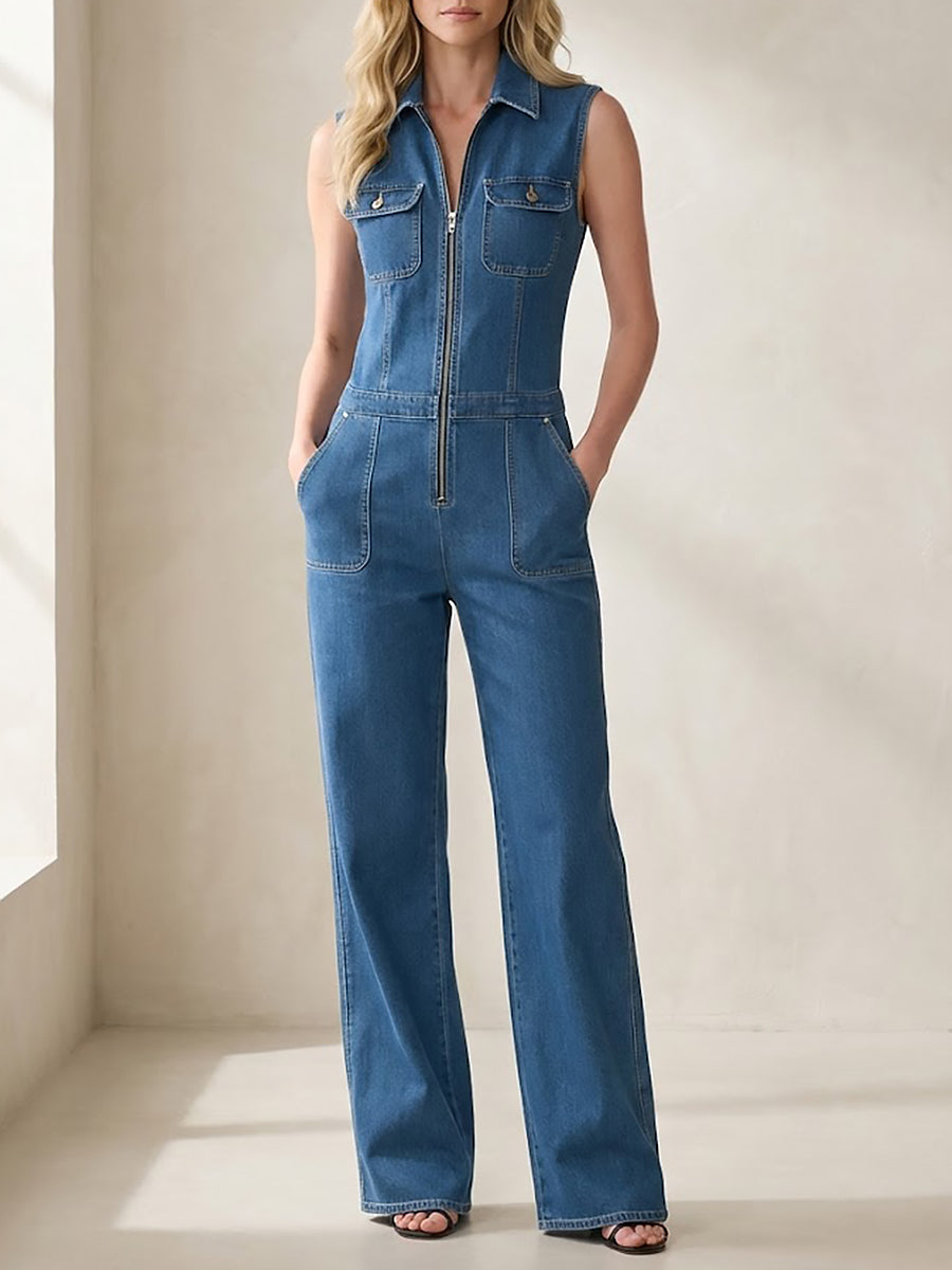 Women's Casual 100% Cotton Zip-up Denim Jumpsuit