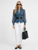 Women's Elegant Slim-fitting Denim Blue Top with Organza Sleeves