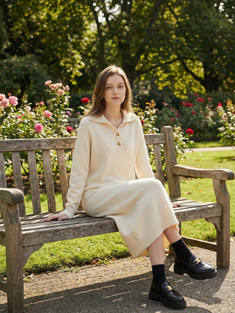 Spring Collared Button Loose Knit Sweater Dress