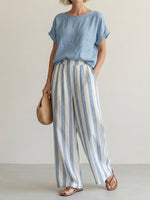 Cozy Loose-fit Striped Cotton-linen Two-piece Set