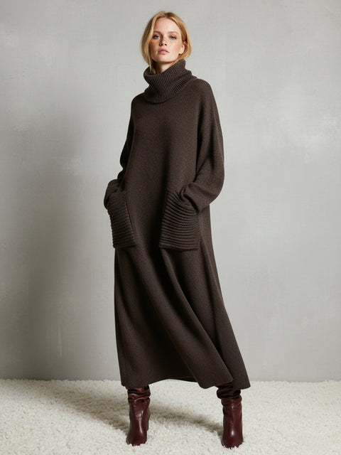 Women's Solid Color High-Neck Long-Sleeve Casual Loose Knit Dress