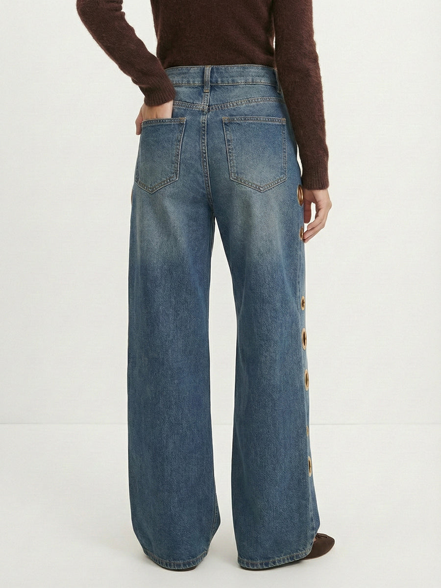 Women's Grommet-Detail Wide-Leg Jeans – Bold Style, Comfortable Fit