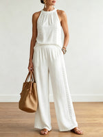 Retro & Comfortable Two-piece Set: Sleeveless Top With Openwork Lace And Wide-leg Pants