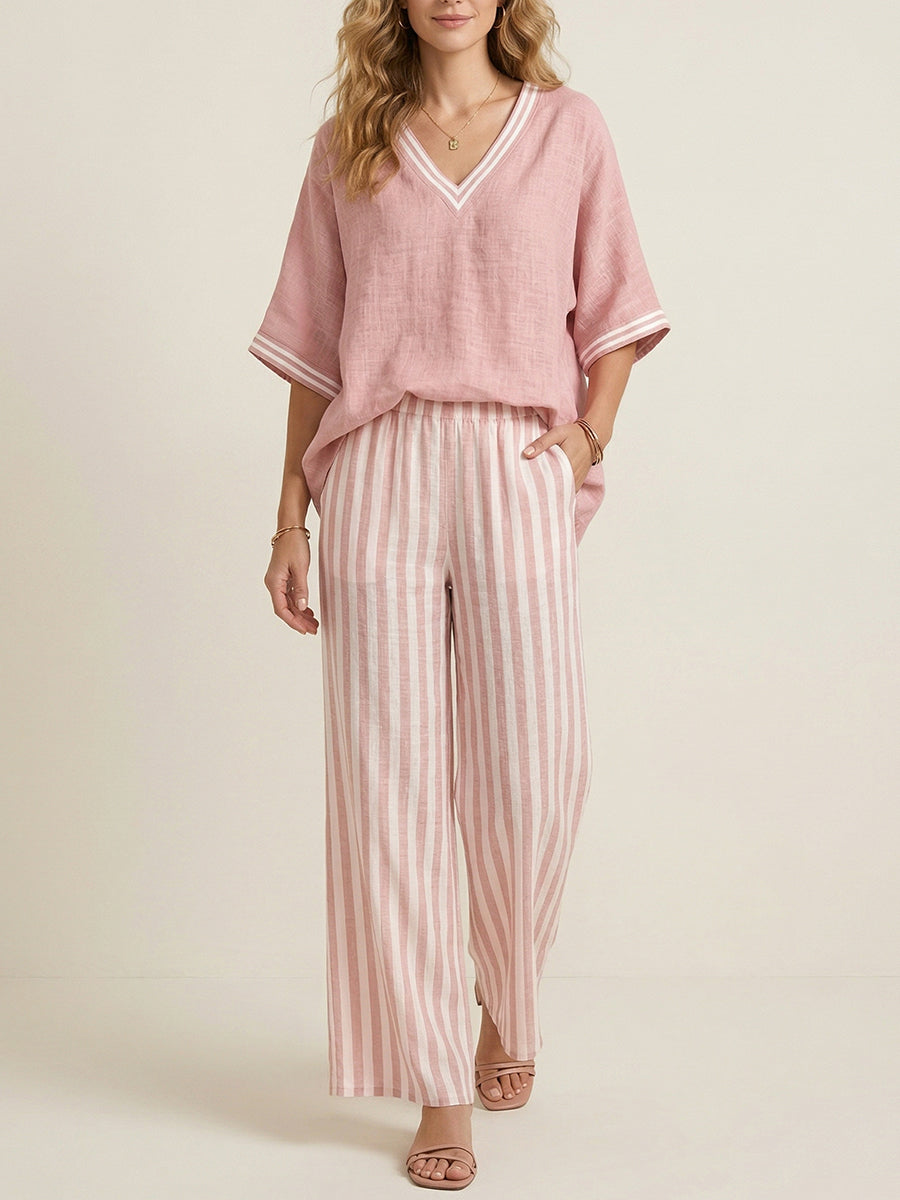 Casual Two-piece Set: Striped Linen & Cotton Patchwork Top And Striped Trousers
