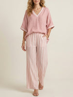 Casual Two-piece Set: Striped Linen & Cotton Patchwork Top And Striped Trousers