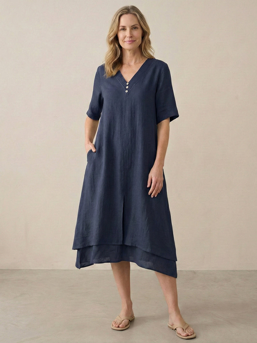 Linen V-Neck Double-Layer Midi Dress
