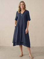 Linen V-Neck Double-Layer Midi Dress