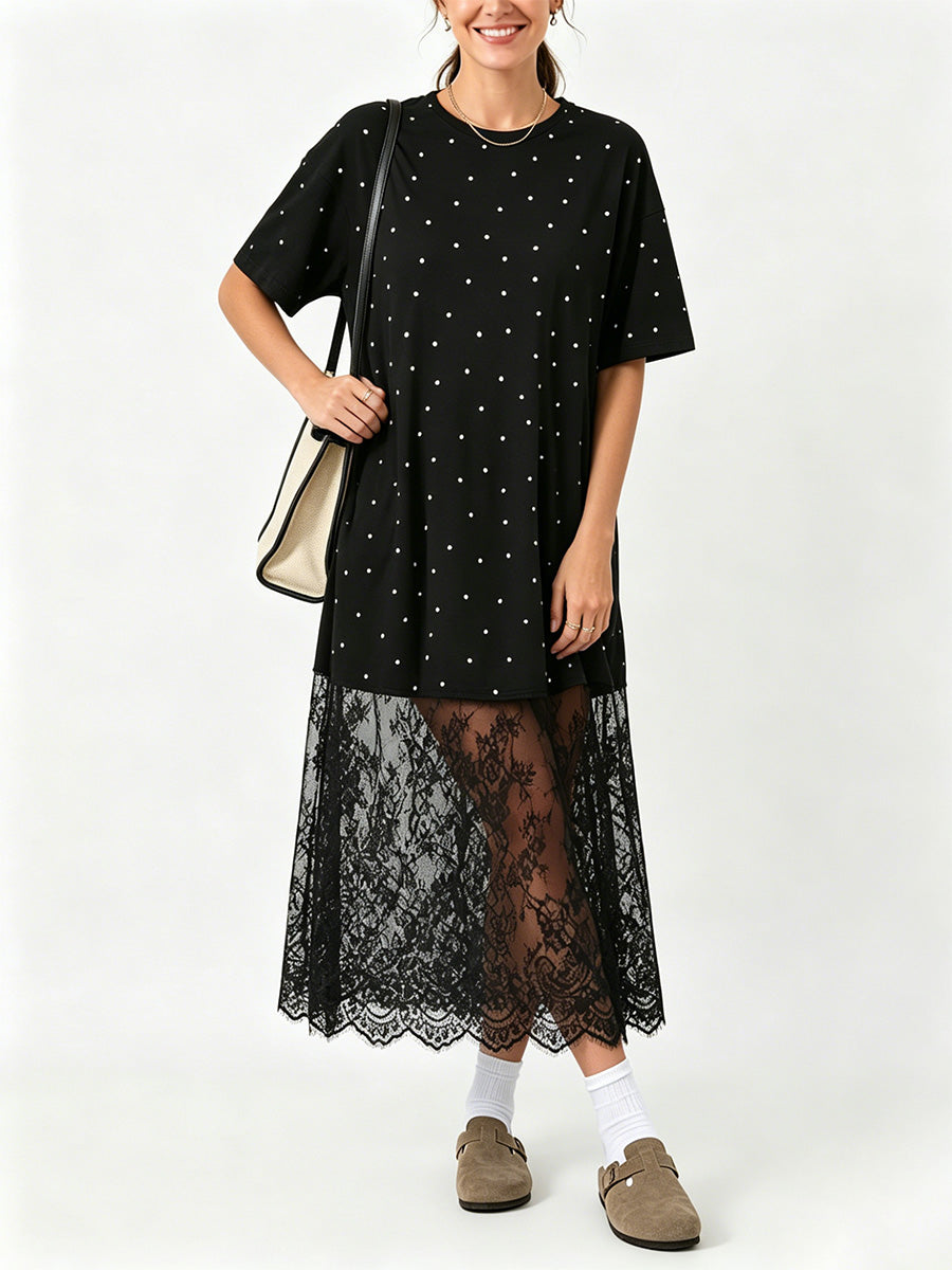 Round-neck, Polka-dot, Short-sleeve, Loose-fit, Casual Lace Dress