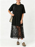 Round-neck, Polka-dot, Short-sleeve, Loose-fit, Casual Lace Dress
