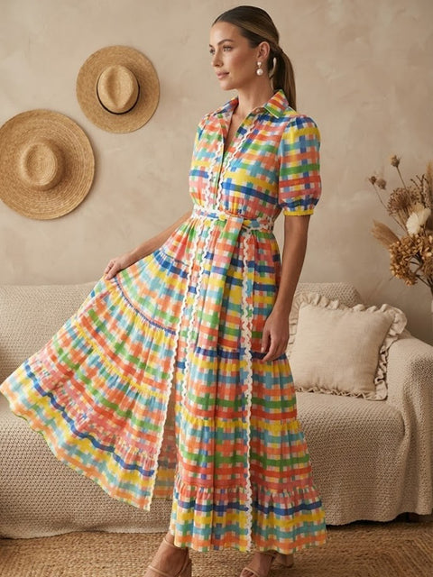 Colorful Square Art Print Collared Shirt Dress