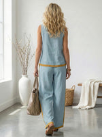 Women's Round Neck Sleeveless Casual Loose Top And High-waisted Loose Wide-leg Pants Cotton And Linen Set