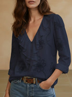 Womens Vintage ruffled V-neck shirt with embroidered flowers