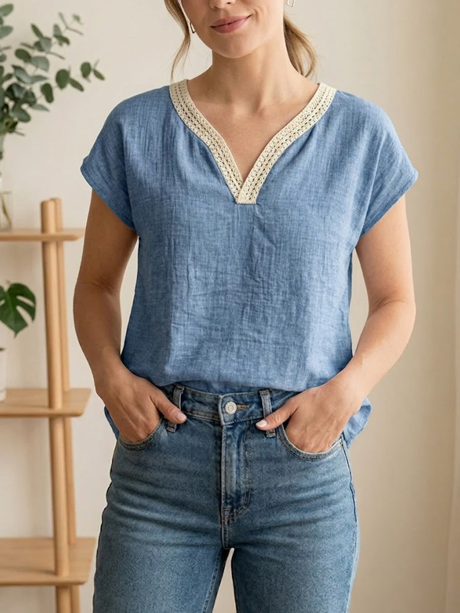 Elegant Bohemian Summer Vintage Lace V-neck Cotton-linen Blend Shirt
