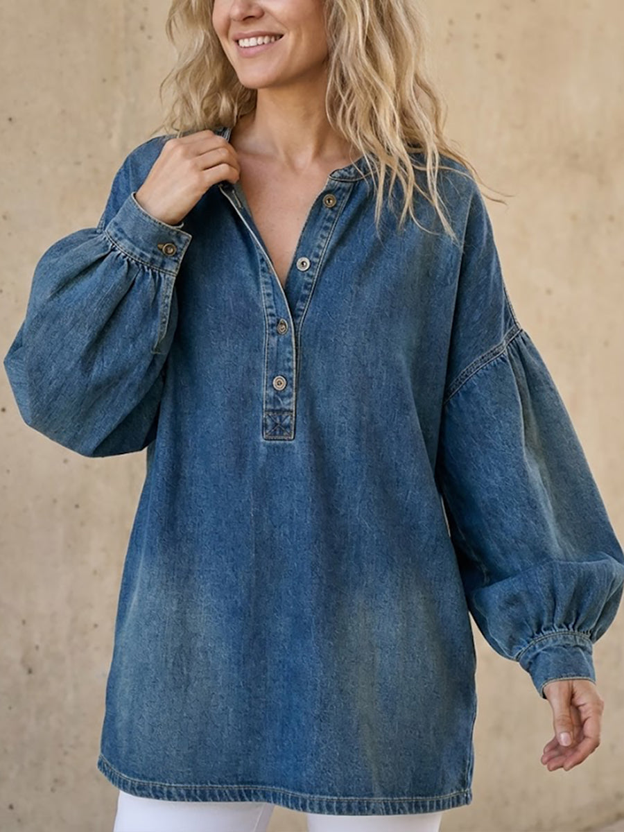 Fiorachic Women's V-neck Long-sleeved Casual Loose Denim Top