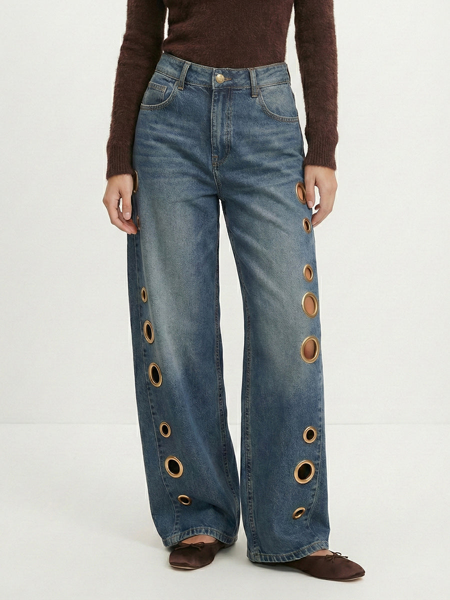 Women’s High-Waisted Wide-Leg Jeans with Side Grommet Details