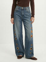 Women’s High-Waisted Wide-Leg Jeans with Side Grommet Details