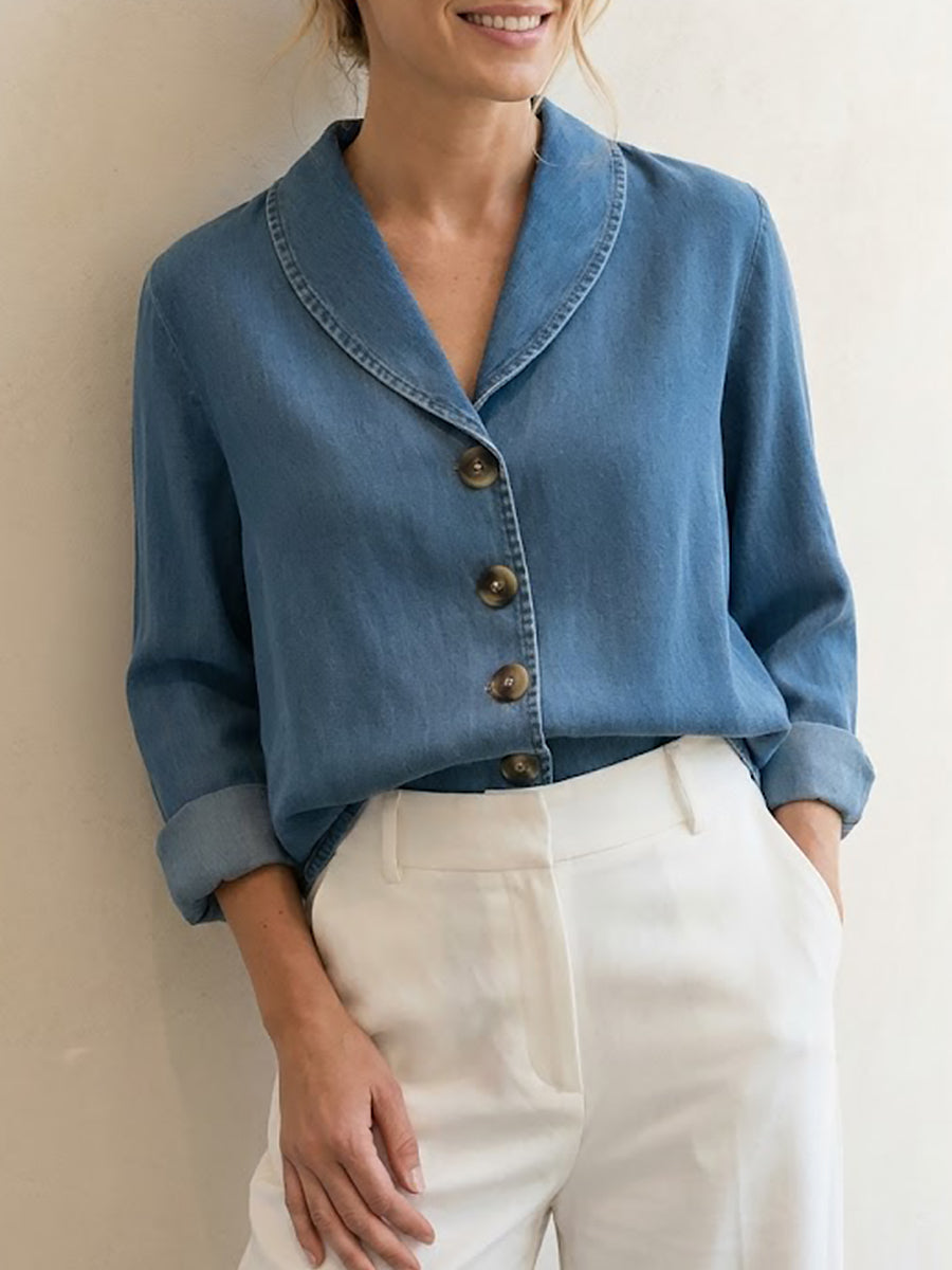 Fiorachic Women‘s Vintage Shawl Collar Button-up Denim Cotton Top