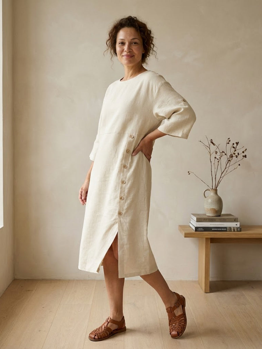 Women's Linen Round Neck Button Detail Midi Dress