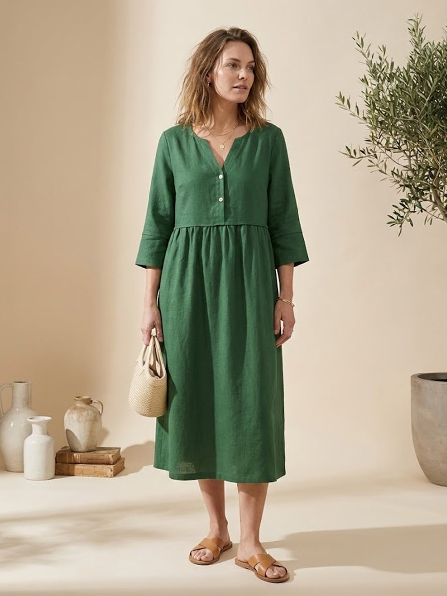Linen Loose Fit Button Waist Gathered Maxi Dress