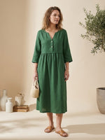 Linen Loose Fit Button Waist Gathered Maxi Dress