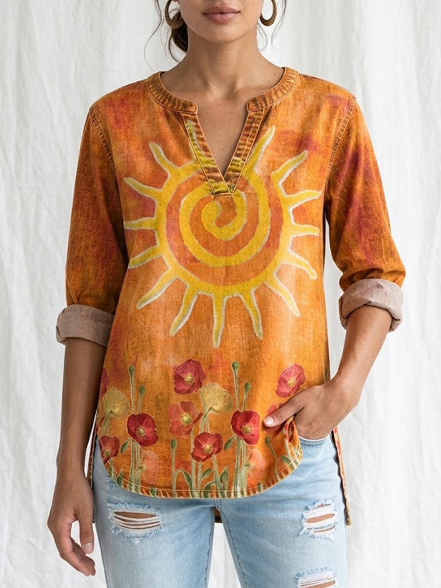 Artistic Sun & Floral Print V-Neck Blouse