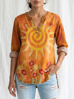 Artistic Sun & Floral Print V-Neck Blouse
