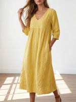 Casual Loose-fitting Patchwork Lace Trim Linen And Cotton Dress