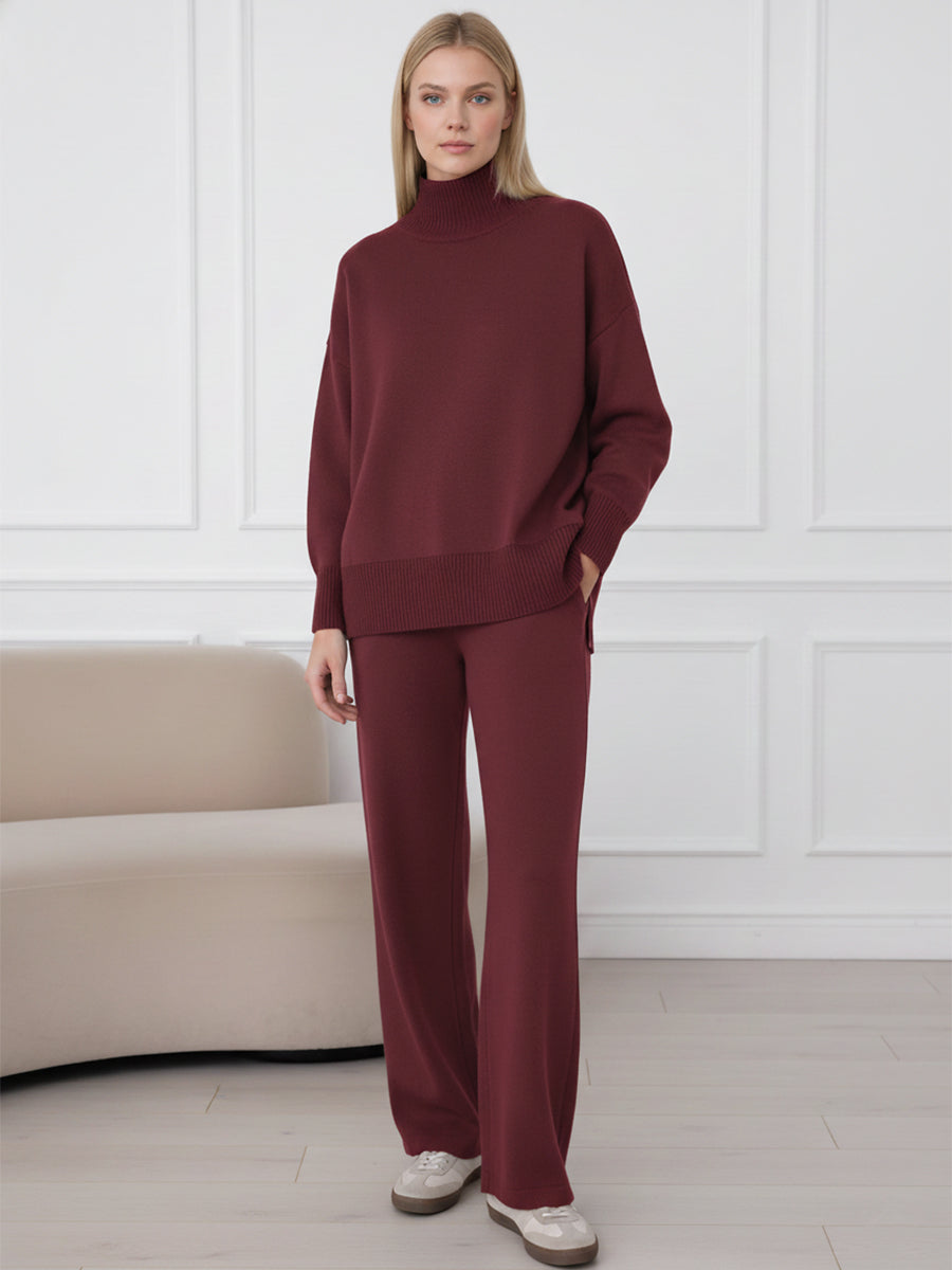 Casual Travel Stand Collar Side Zipper Top Straight Pants Two-Piece Set