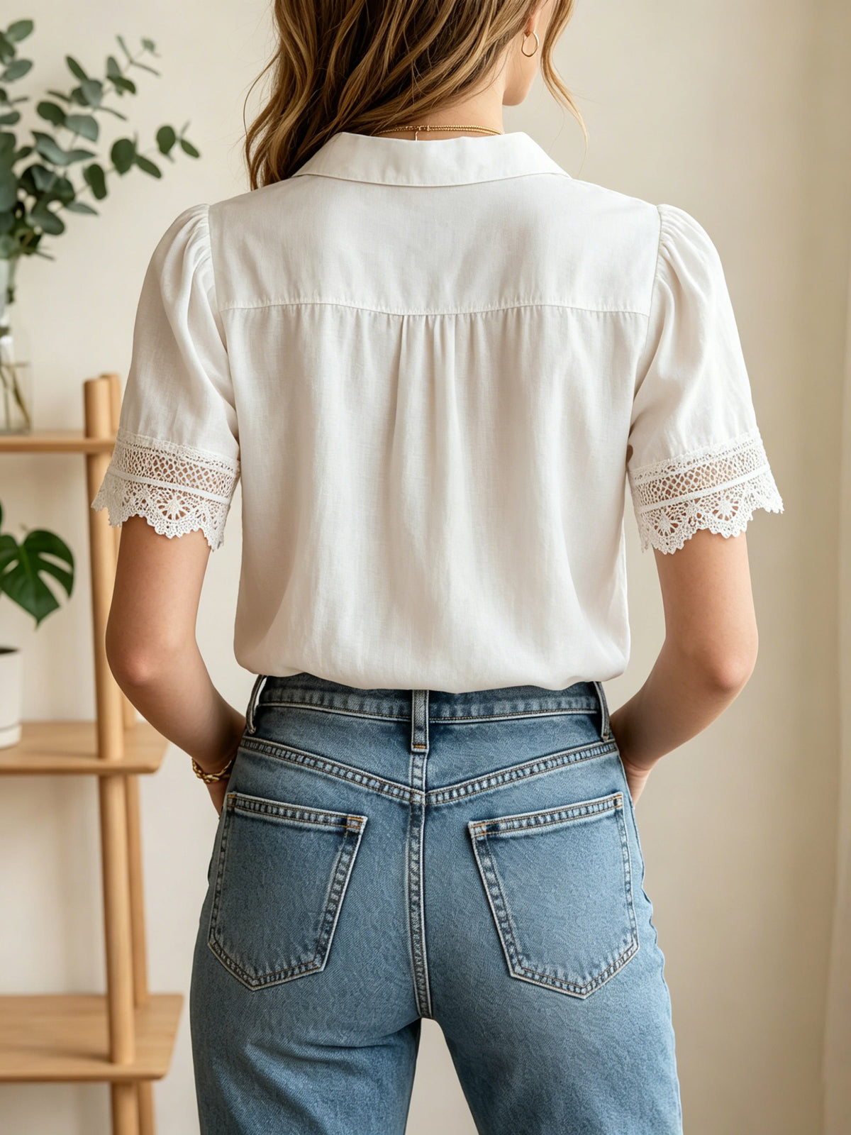 Women's Loose-fit Lace-trimmed Cotton-linen Short-sleeve Casual Shirt