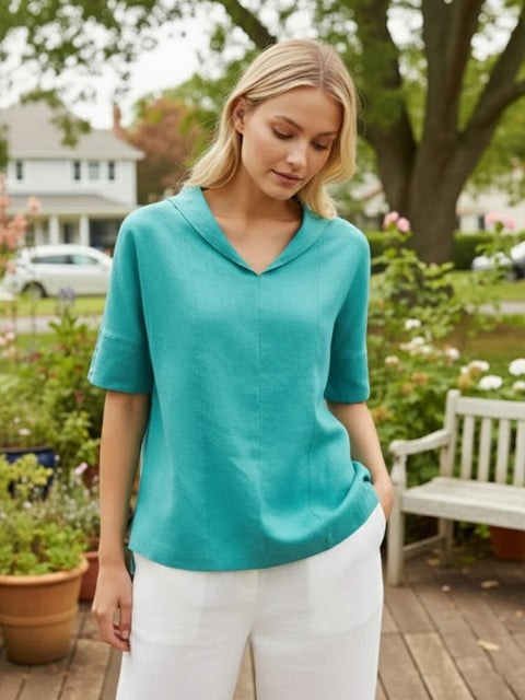Linen V-Neck Short Sleeve Shirt