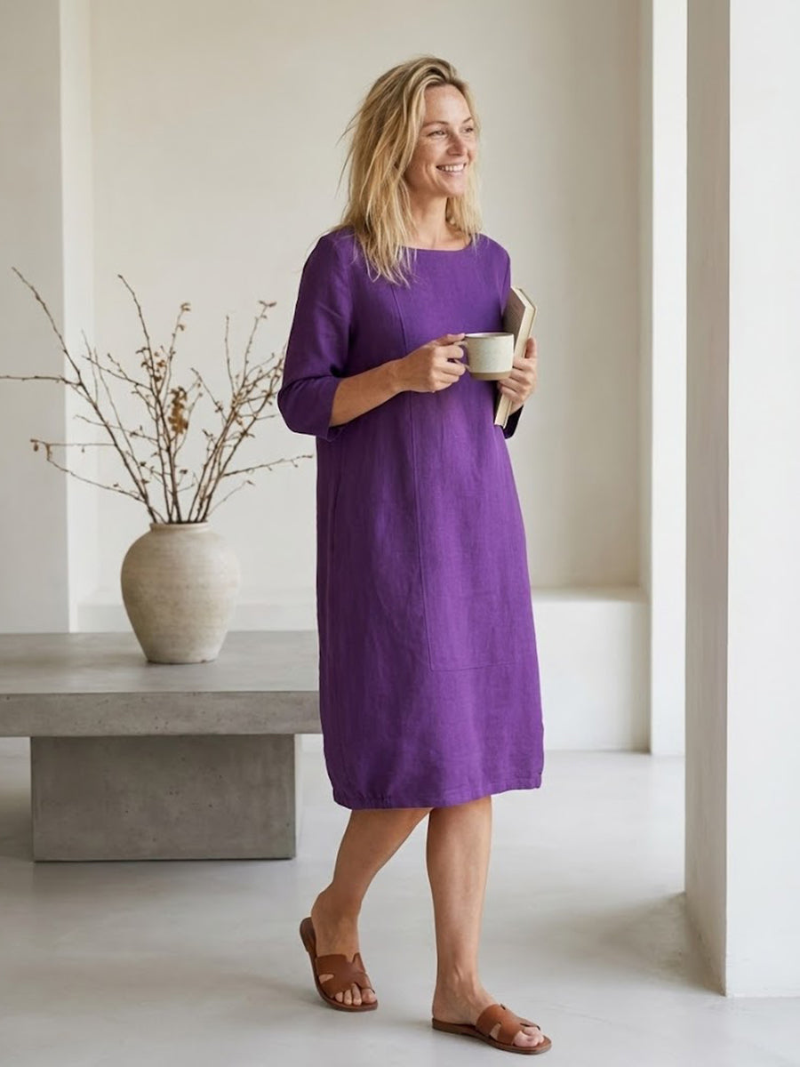 Linen Collarless Mid-Length Dress