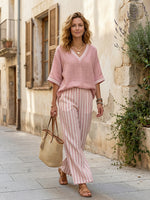 Casual Two-piece Set: Striped Linen & Cotton Patchwork Top And Striped Trousers