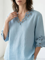 Linen Blouse for Women Embroidered V-Neck Loose Fit Breathable Summer Top