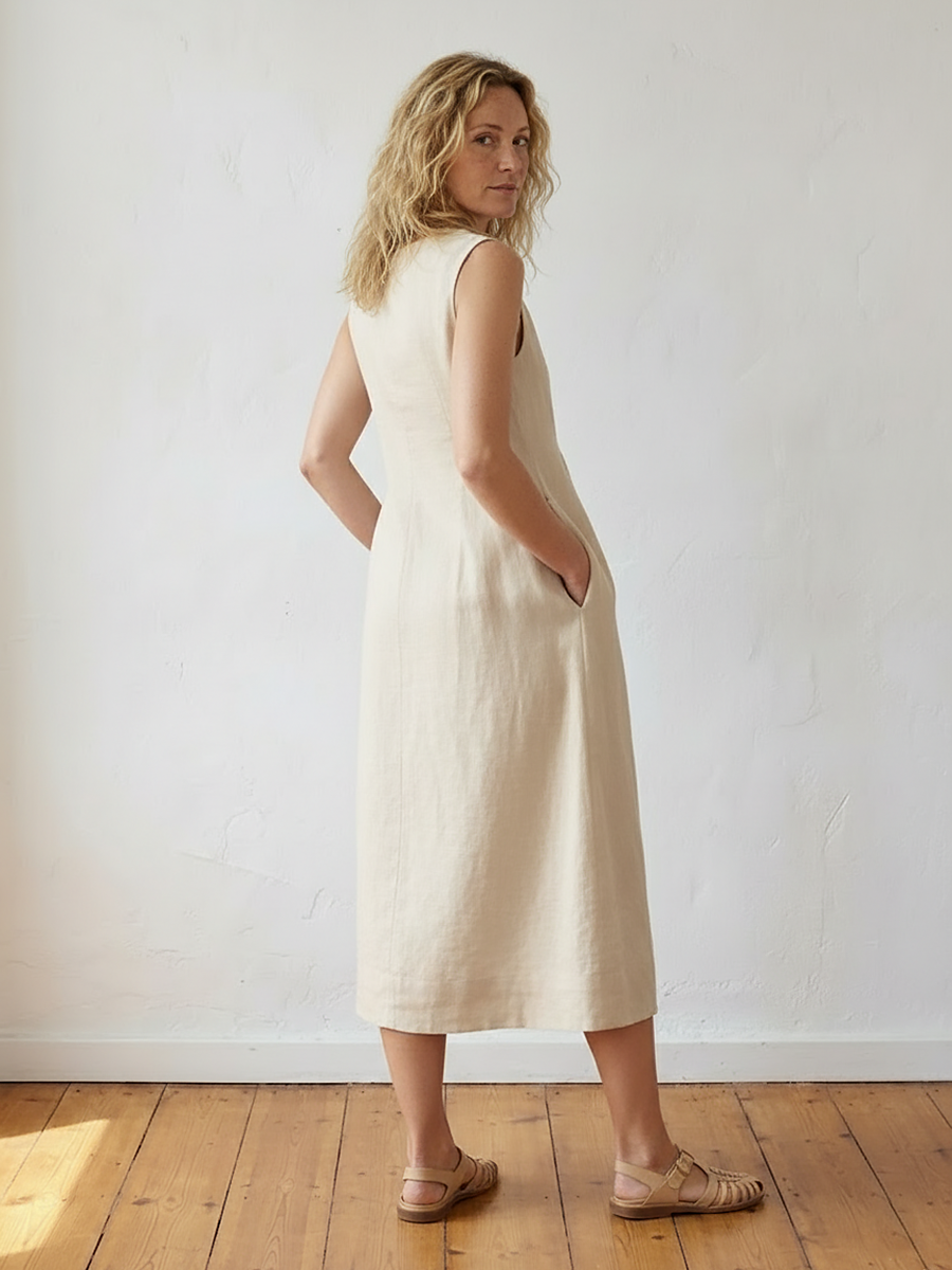 Linen Sleeveless Shoulder Button Midi Dress