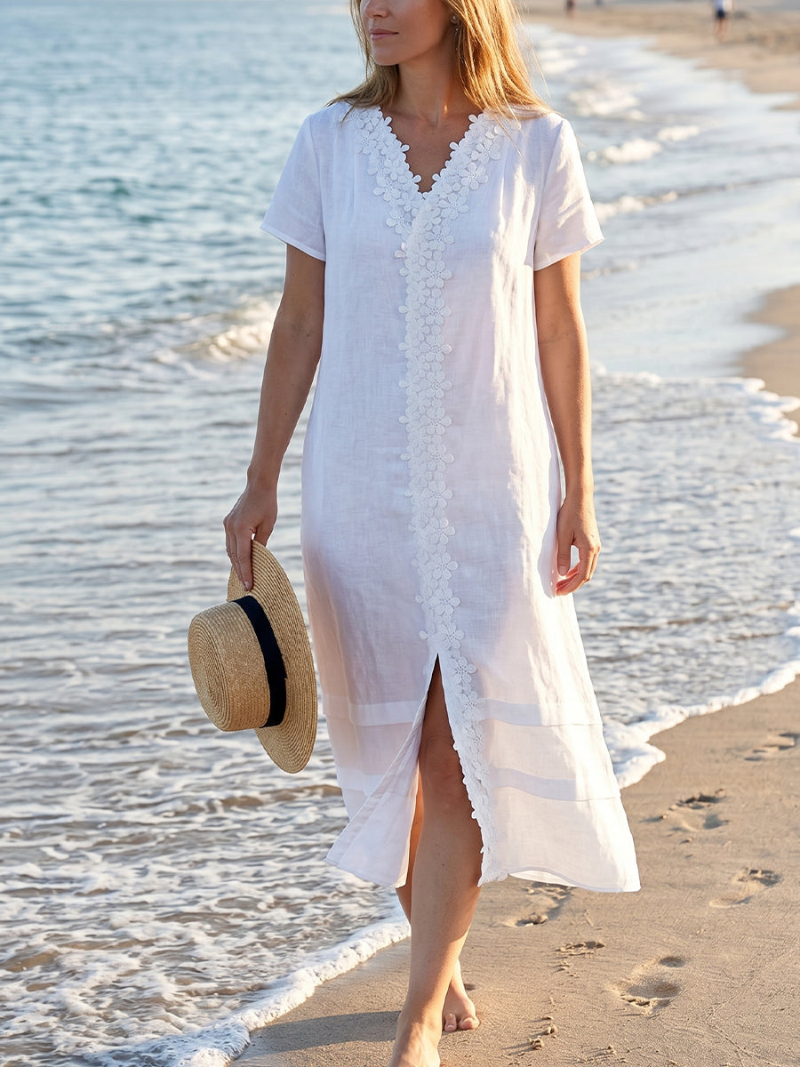 Casual Linen And Cotton Dress With 3d Floral Petal Embroidery