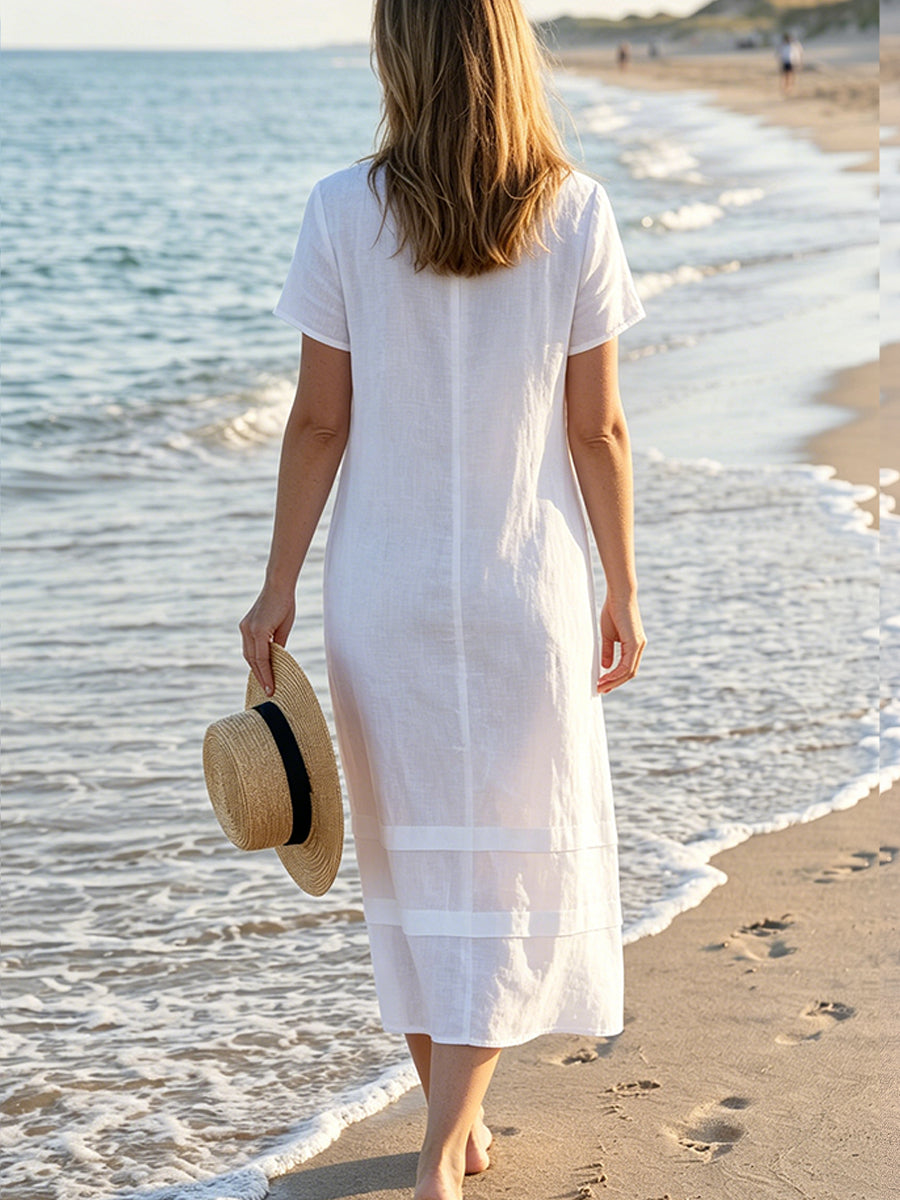 Casual Linen And Cotton Dress With 3d Floral Petal Embroidery