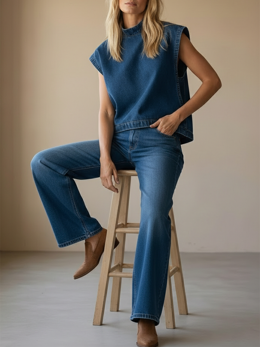 Women's Stand-collar Sleeveless Casual Loose Top And High-waisted Loose Wide-leg Denim Pants Set