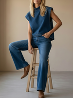 Women's Stand-collar Sleeveless Casual Loose Top And High-waisted Loose Wide-leg Denim Pants Set