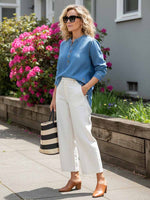 Women's V-neck Long-sleeved Casual Button-up Loose Denim Top