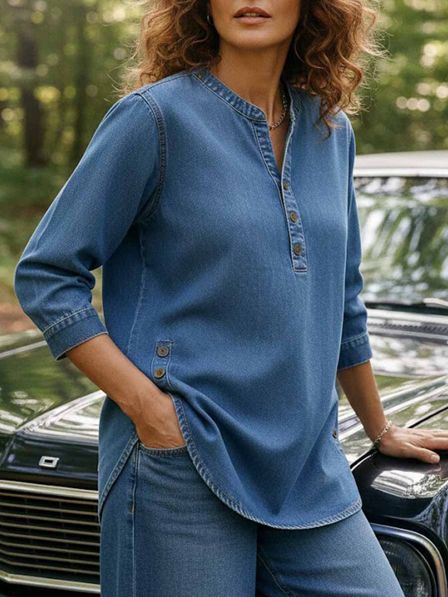 Women's V-neck Long-sleeved Casual Button-up Loose Denim Top
