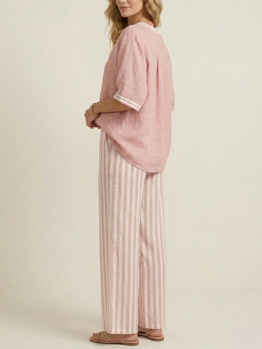 Casual Two-piece Set: Striped Linen & Cotton Patchwork Top And Striped Trousers